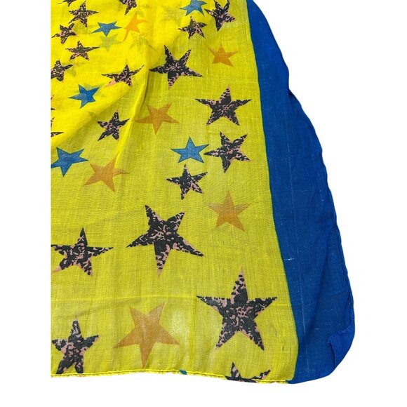 Star Print Rectangle Scarf Yellow Blue Shawl Wrap Lightweight Playful Print - Picture 2 of 7